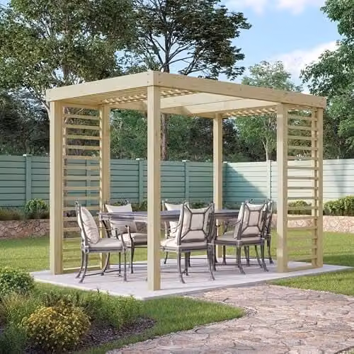 Buttercup Farm Rustic Wood Panel Pergola with Trellis Support, Green, W: 240 cm, D: 240 cm, H: 270 cm
