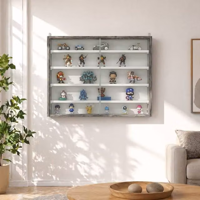 STILVORA Wall Mounted Modern Display Cabinet with Glass Doors and Adjustable Shelves in Matt Grey