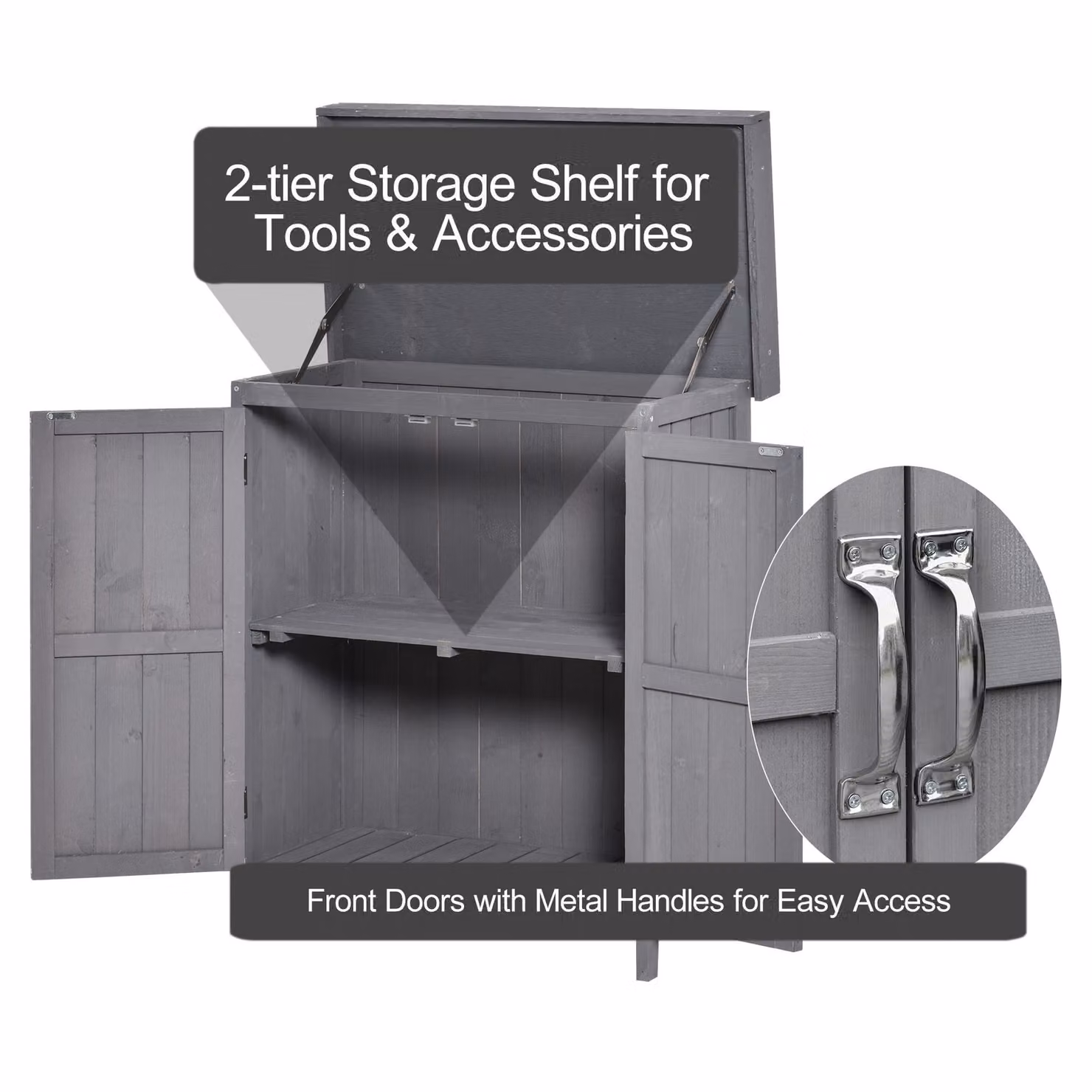 Outsunny Grey Wooden Garden Storage Shed and Tool Cabinet Organiser with Shelves and Two Hinged Doors, W: 74 cm, D: 43 cm, H: 88 cm – 8