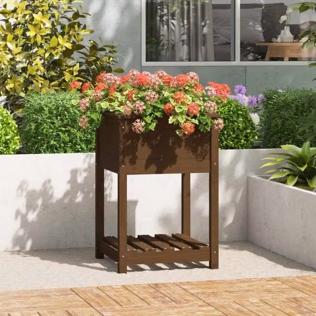 Berkfield Wooden Raised Bed Planter with Shelf in Honey Brown, Solid Wood Pine, W/D/H: 54 x 54 x 81 cm – 1