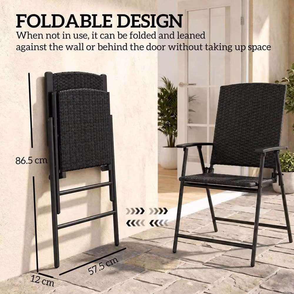 FLAVORA Set of 2 Black Foldable Rattan Chairs for Garden, Balcony or Terrace – 4