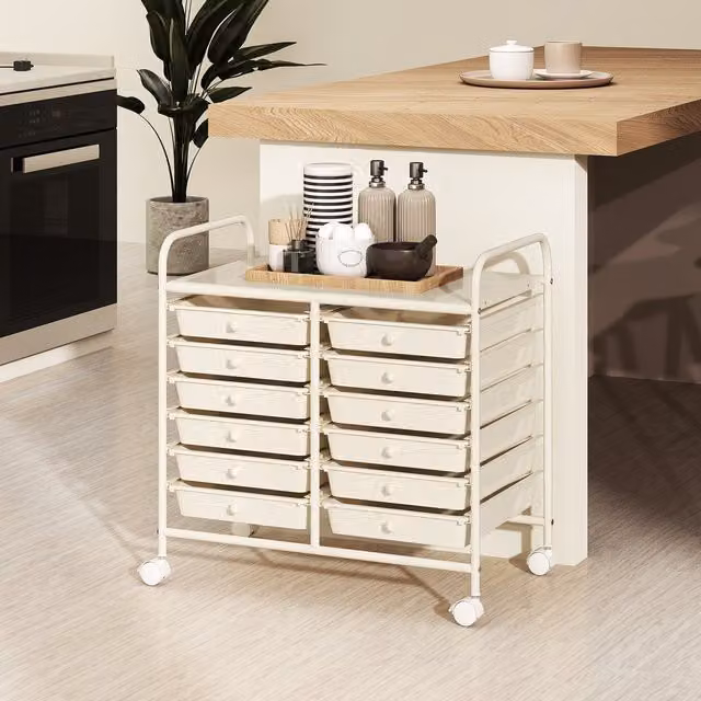 COSTWAY White Metal Utility Storage Cart with 12 Drawers and Castors