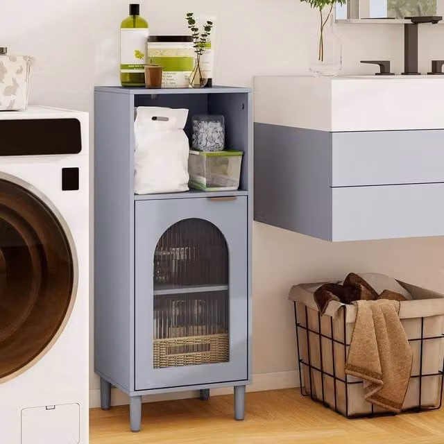 EONLION Grey Lacquered Wood Bathroom Floor Cabinet with Glass Doors and Internal Shelves – 1