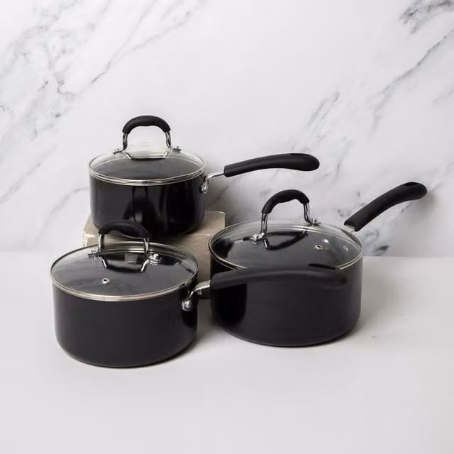 MasterClass 3pc Non-Stick Aluminium Saucepan Set with Glass Lids, Black – 1
