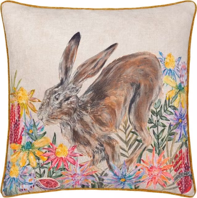 Make It A Home Country Wilds Blossom Hare Printed Square Cushion in Multicolour and Brown with Feather Filling