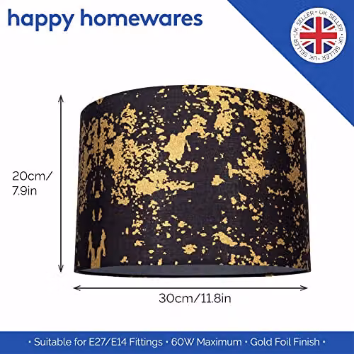Happy Homewares Modern Round Black Cotton Fabric Lamp Shade with Gold Foil Design, Diameter: 30 cm – 6