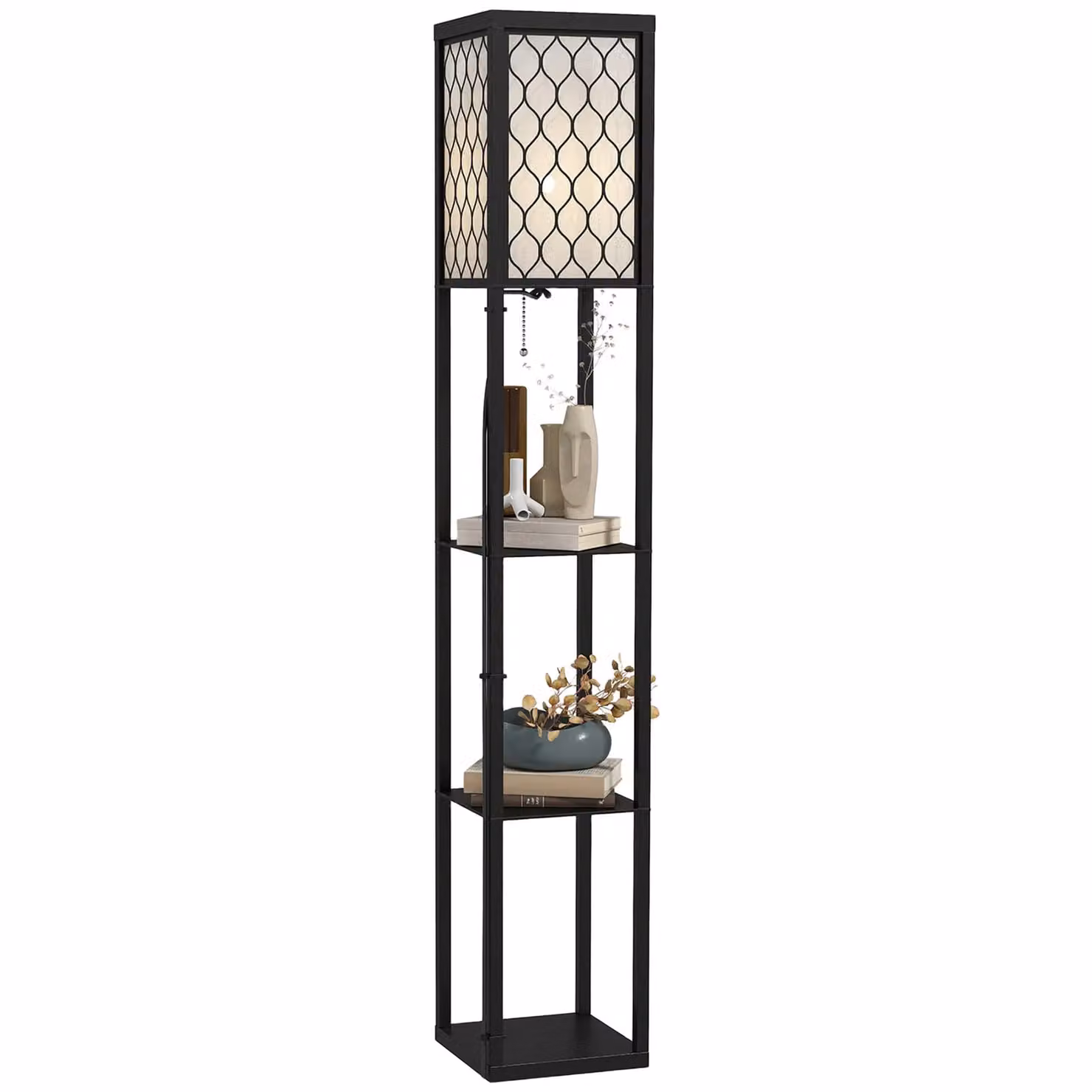 HOMCOM Modern 4 Tier Floor Lamp with Shelves and Fabric Lampshade in Black or White, H 160 x W 26 x D 26 cm – 2