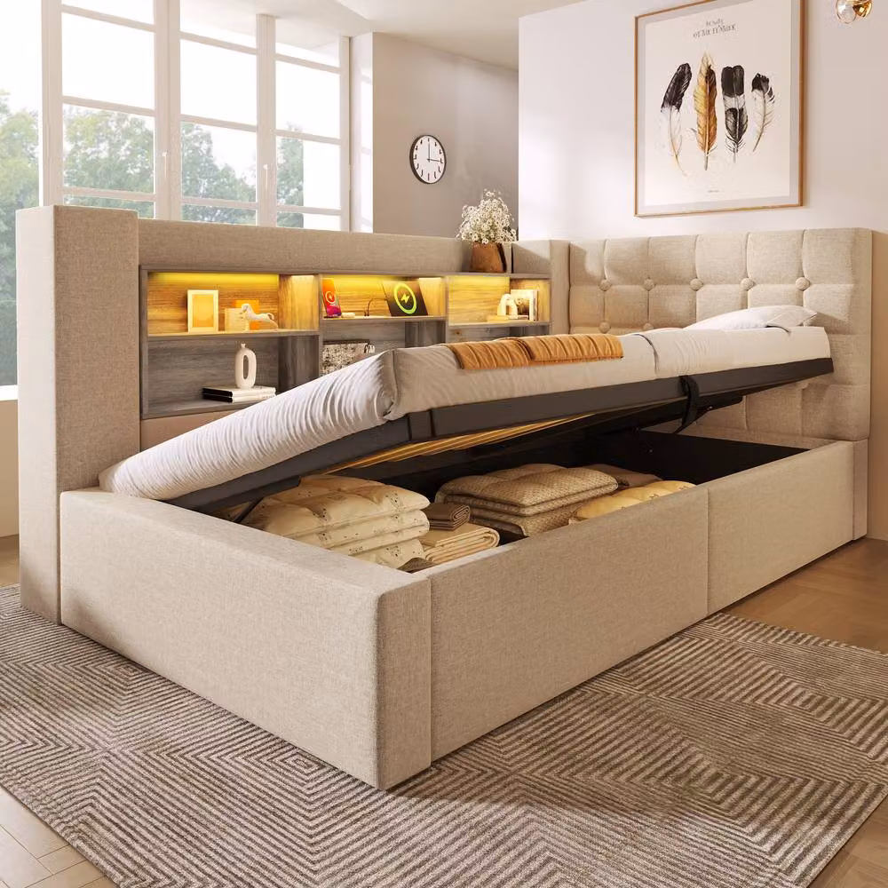 Merax Upholstered Single Storage Daybed in Beige with USB Charging Port and Bedside Shelf, W/D/H: 90 x 190 x 86 cm – 7