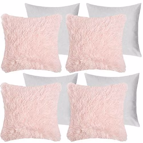 OHS Set of 4 Pink Fluffy Shaggy Square Cushions with Removable Covers, W/D/H: 45 x 45 x 45 cm
