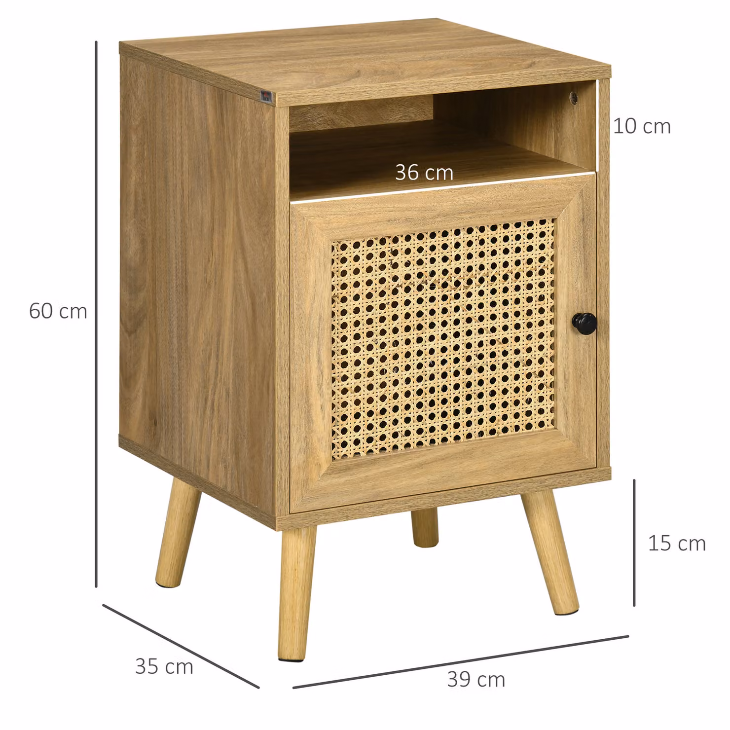 HOMCOM Set of 2 Bedside Tables with Rattan Element and Cupboard in Beige, W/D/H: 39 x 35 x 60 cm – 3