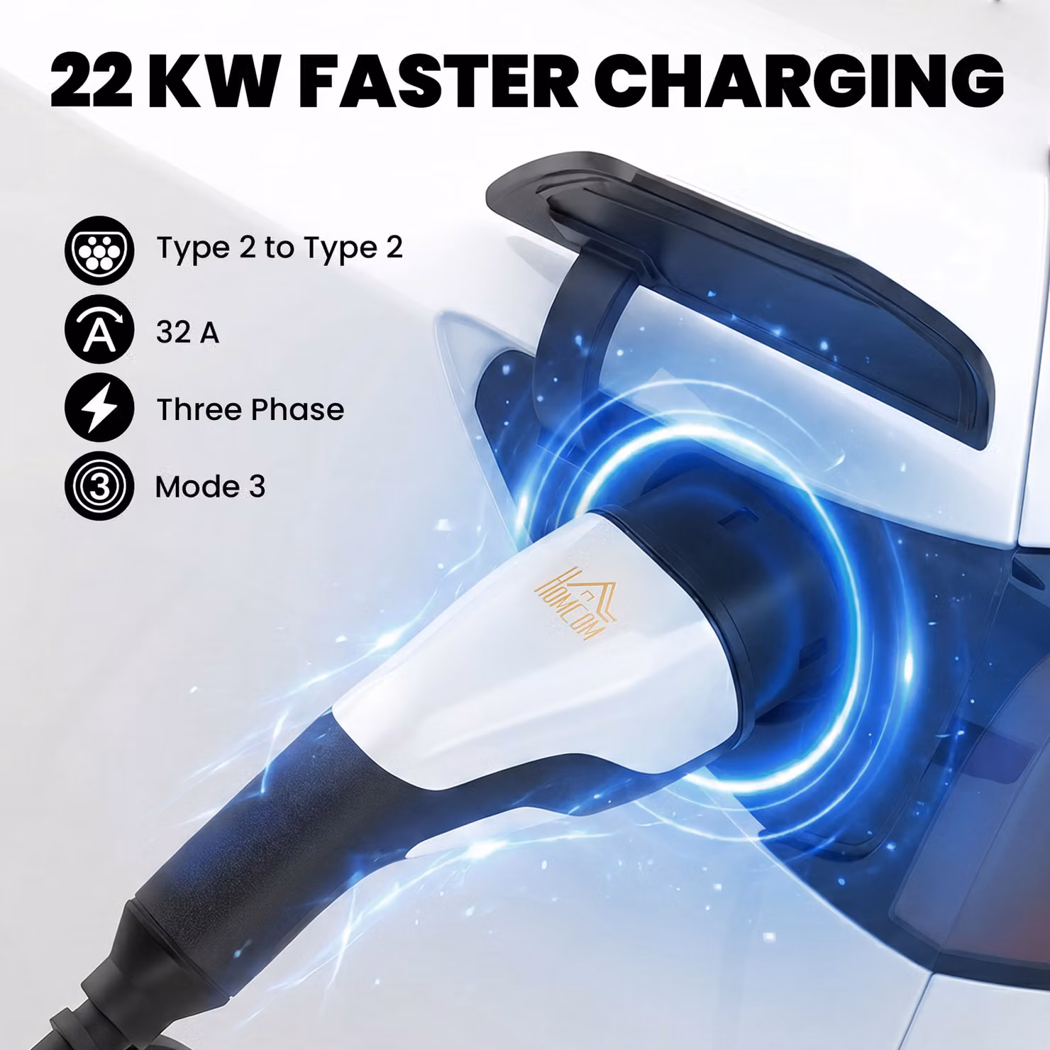 HOMCOM Type 2 to Type 2 EV Extension Charging Cable, 22kW, 32A, Mode 3, 3-Phase, 10m, Black – 4