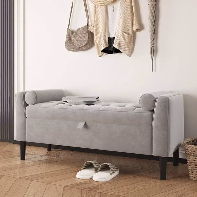 London Boutique Velvet Upholstered Storage Ottoman Bench in Light Grey – 1