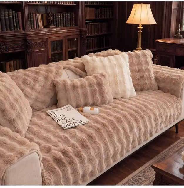 Living and Home Stain Resistant Textured Plush Sofa Cover in Brown, Size: Medium – 1