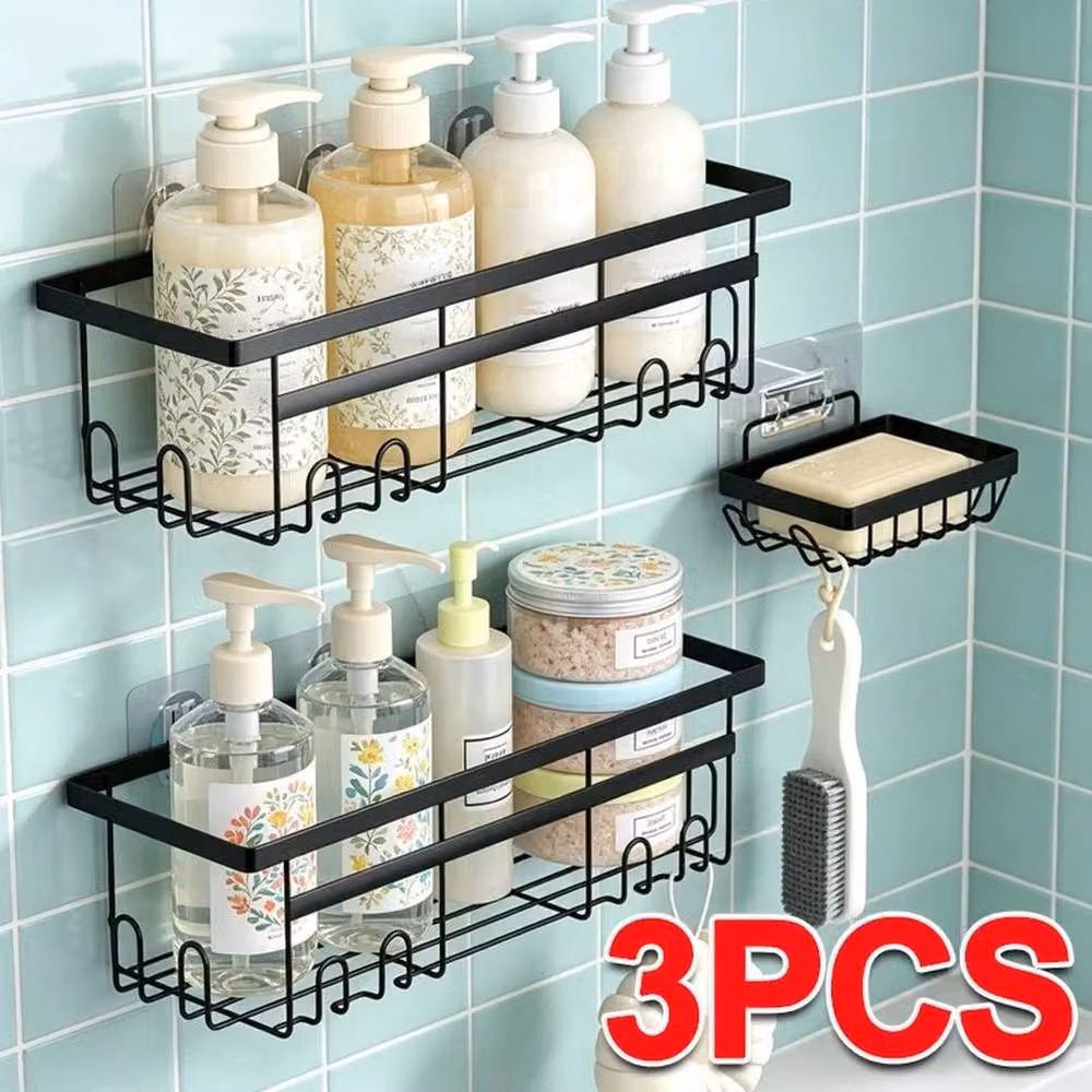 FLAVORA 3 Pack Stainless Steel Adhesive Shower Caddy in Black, Width: 50 cm – 3