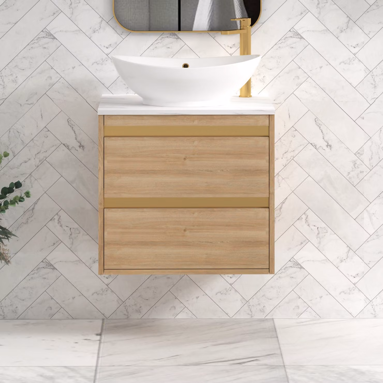 Royal Bathrooms Orion 600mm Natural Oak Wall Hung 2 Drawer Vanity Unit with Amaze Basin and Brushed Brass Accent Trim
