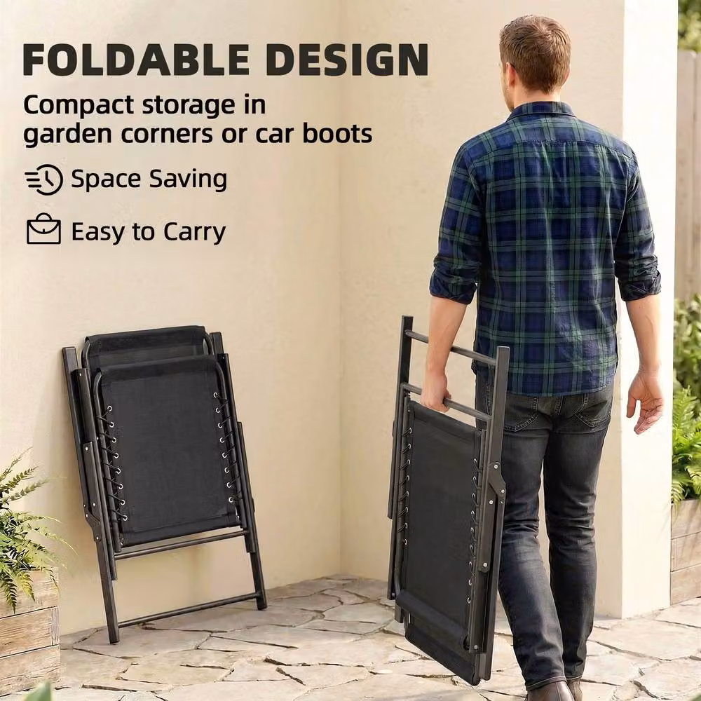 OUTSUNNY Modern Black Metal Folding Garden Chairs for Terrace and Garden – 4