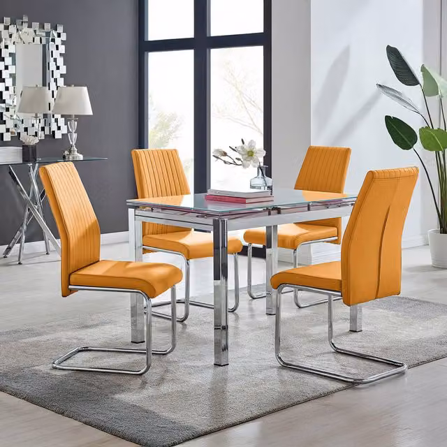 FurnitureboxUK Enna White Glass Extending Modern Kitchen Dining Table and 4 Lorenzo Chairs in Mustard and Yellow