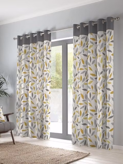 Fusion Beechwood Leaf Trail Cotton Eyelet Curtains in Yellow, Width: 168 cm, Drop: 183 cm