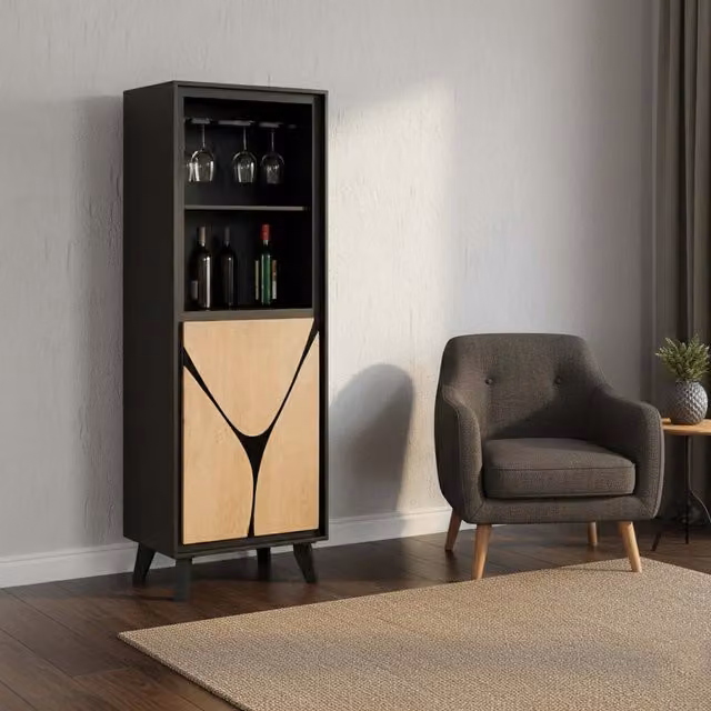 Dusk Mid Century Mango Wood Drinks Cabinet and Bookcase in Tan and Brown