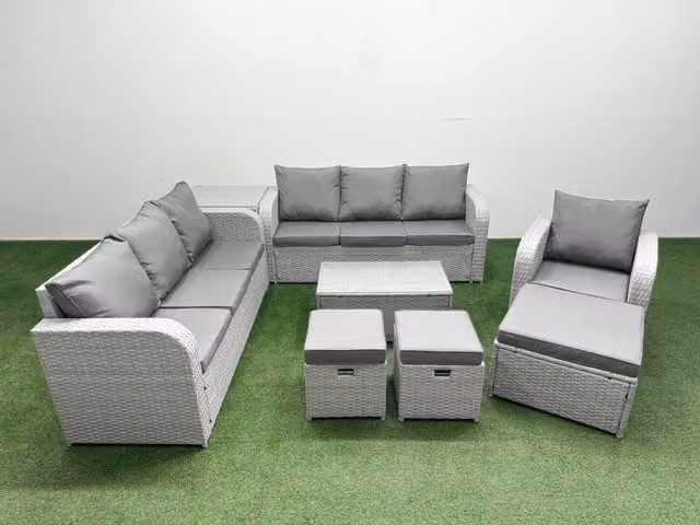 Fimous 10 Seater Poly Rattan Garden Furniture Set in Light Grey with Upholstered Cushions, 3 Seater Sofas, Reclining Chairs, Stools and Side Table