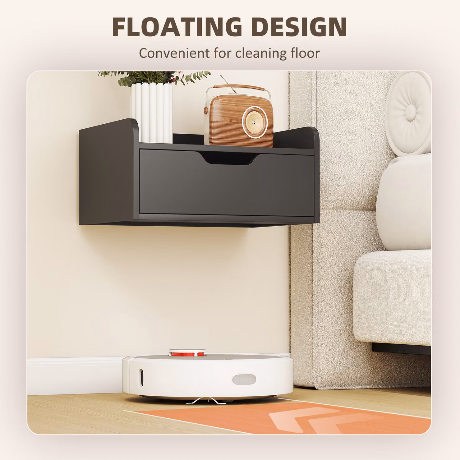 HOMCOM Set of 2 Black Wall Mounted Floating Nightstands with Drawer – 3