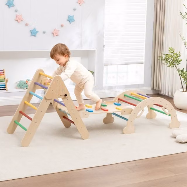 GALACTICA Foldable Wood Indoor Climbing Frame for Toddlers in Brown and Multicolour