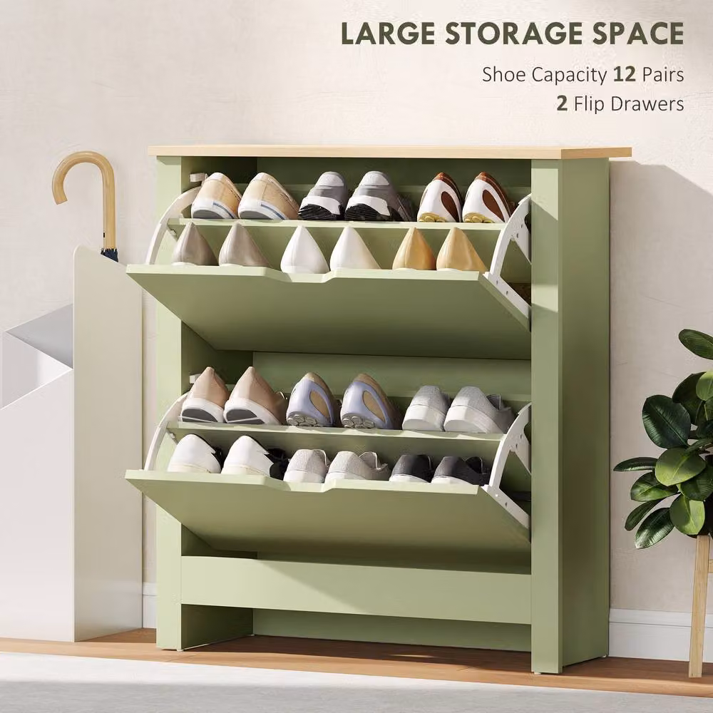 HOMCOM Modern Green Shoe Storage Cabinet with Tilting Compartments and Internal Shelves – 3