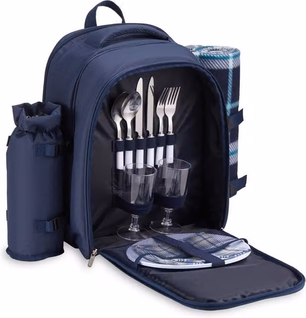 VonShef 2 Person Picnic Backpack with Stainless Steel Accessories in Blue