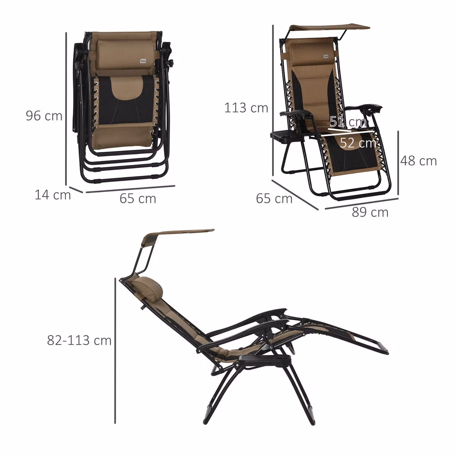 Outsunny Zero Gravity Recliner Chair in Brown with Sunshade, Cup Holders and Weatherproof Cushion – 3