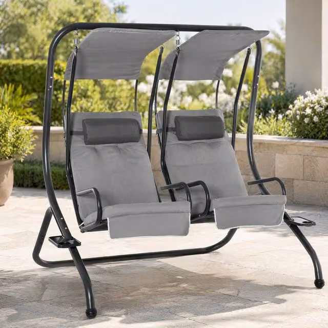 STILVORA 2 Seater Garden Swing Chair with Sun Canopy and Cushions in Grey – 1