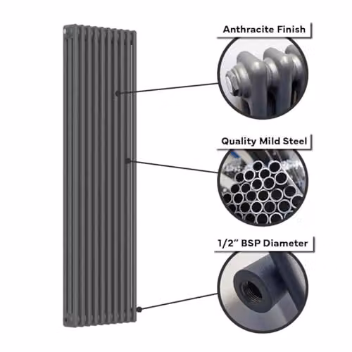 Lux Heat Anthracite Grey Vertical 3 Column Traditional Steel Radiator H: 150 cm, W: 38 cm – 6