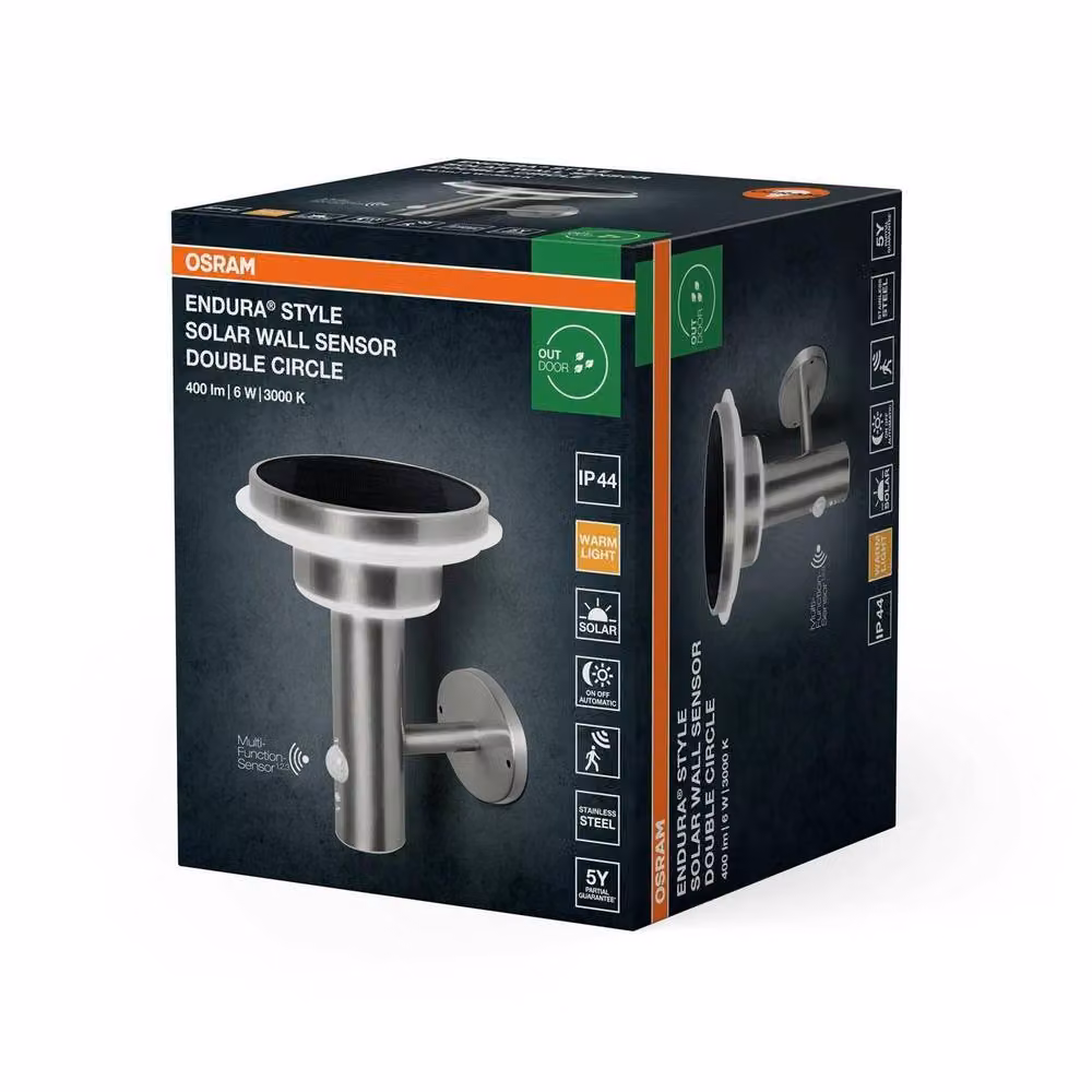 Osram Endura Style Solar LED Wall Light with Motion and Dusk Sensor, Double Circle Design in Metallic Silver – 3