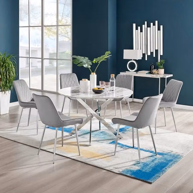 FurnitureboxUK Novara Round White Marble Effect Dining Table and 6 Pesaro Silver Grey Velvet Chairs