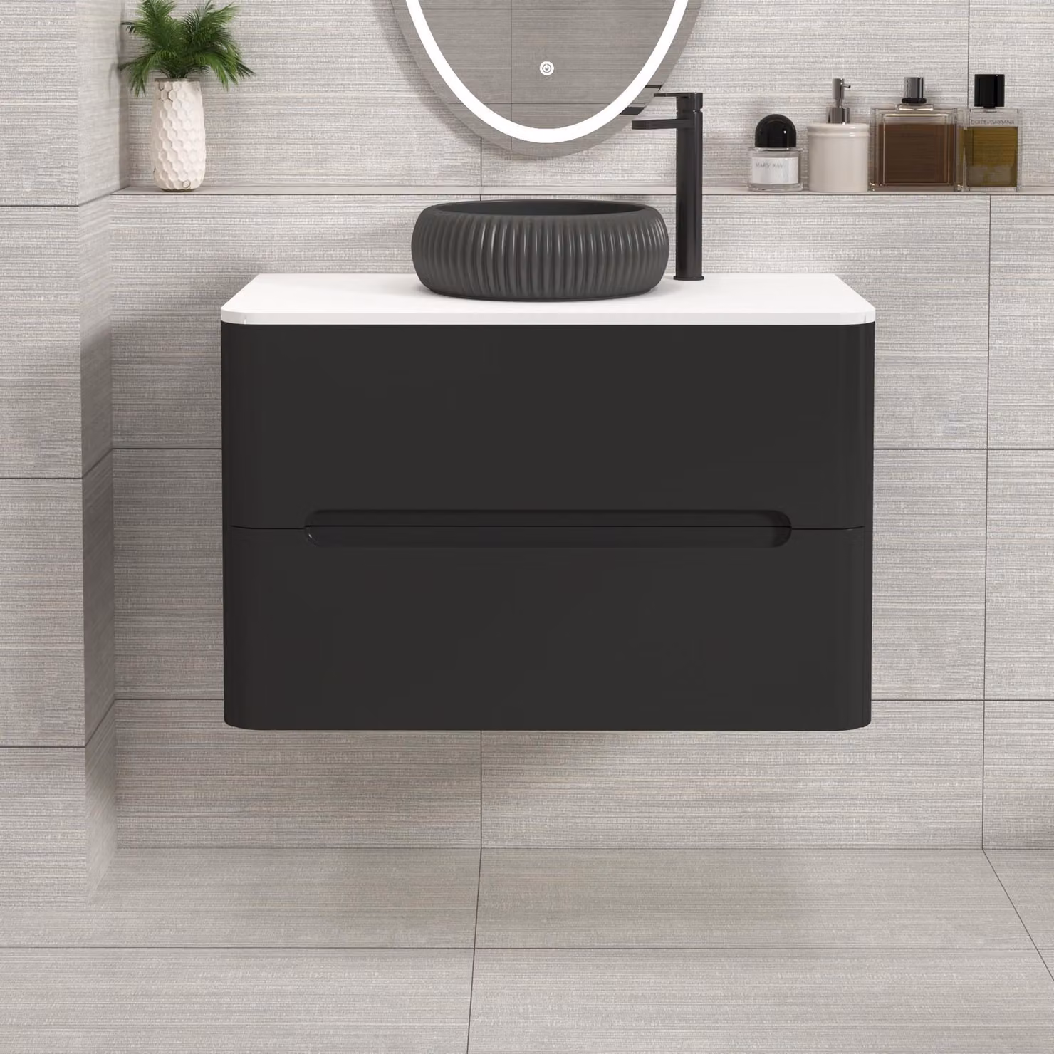 Royal Bathrooms Venice 800mm Wall Hung Vanity Unit in Matt Nocturne Black with 2 Drawers and Plain White Worktop and Milan Black Basin