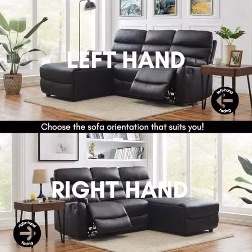 Home Detail Carter 3 Seater L-Shape Sofa with Right-Facing Chaise and Manual Recliner, Black Faux Leather, W/D/H: 206 x 103 x 170 cm – 3