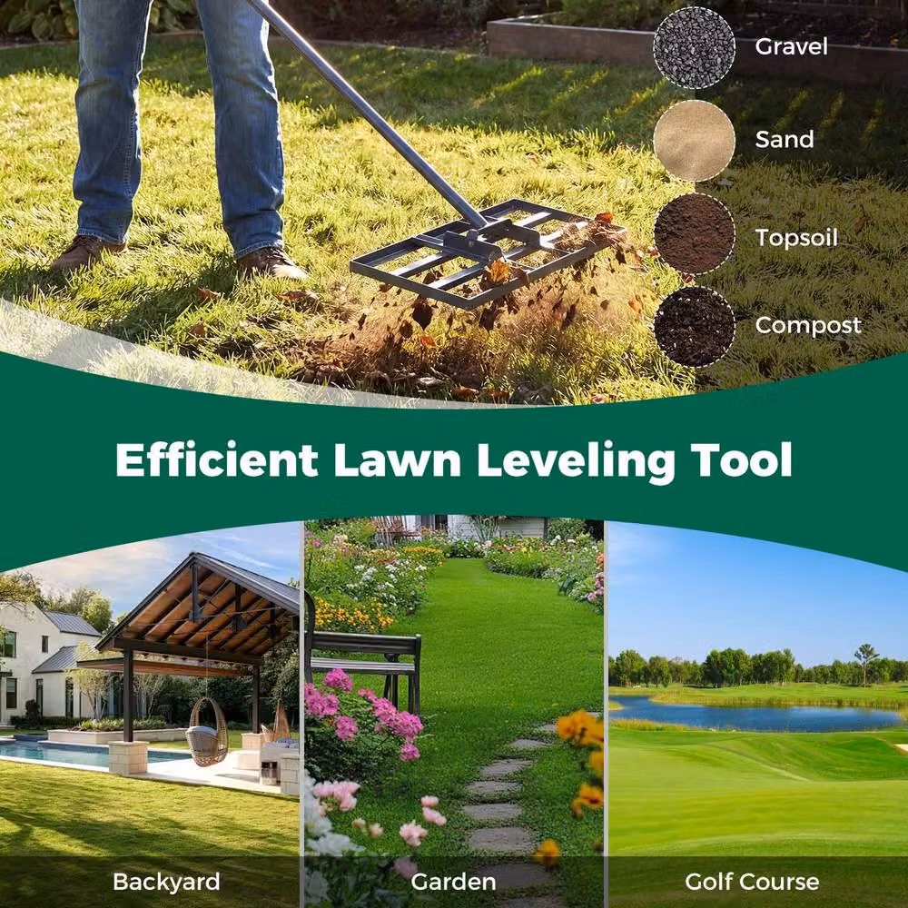 Costway Heavy-Duty Metal Lawn Leveling Rake with Adjustable Handle in Black – 4