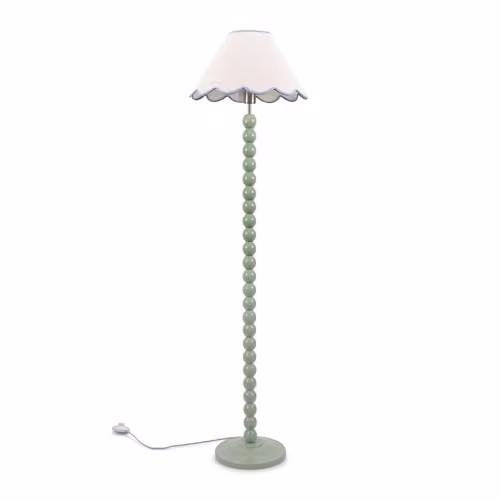 ValueLights Bobbin Stem Standing Floor Lamp in Sage Green with Blue Trim Scallop Fabric Shade