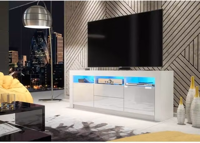 FORGEVIO Modern TV Stand Cabinet with White Matt Body and White Gloss Doors