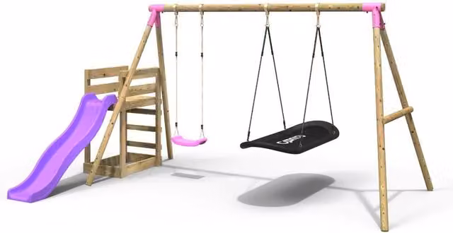 Rebo Wooden Double Swing Set with Boat Swing and Slide in Pink