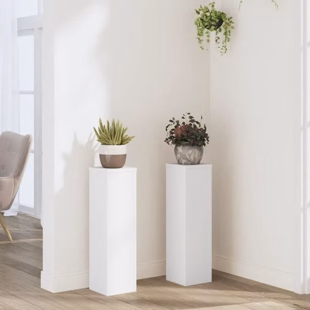 Berkfield Home Set of 2 Modern White Square Plant Stands, W/D/H: 17 x 17 x 60 cm