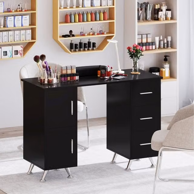 Costway Modern Black Nail Tech Table Station with Dual Pedestal and Metal Legs
