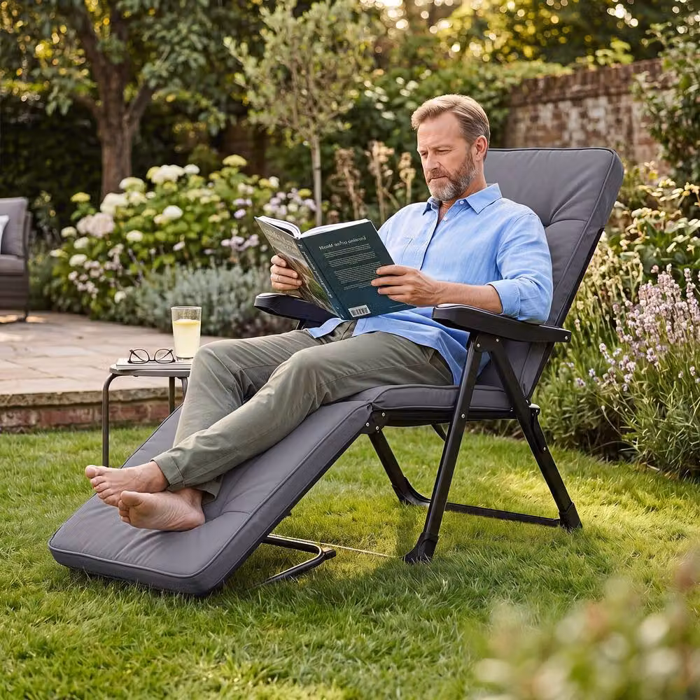 Gymax Foldable Garden Sun Lounger with Adjustable Headrest and Armrests in Grey – 3