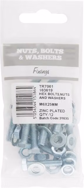 Hiatt Galvanised Silver Hex Bolt, Nut and Washer Set M6 x 25mm