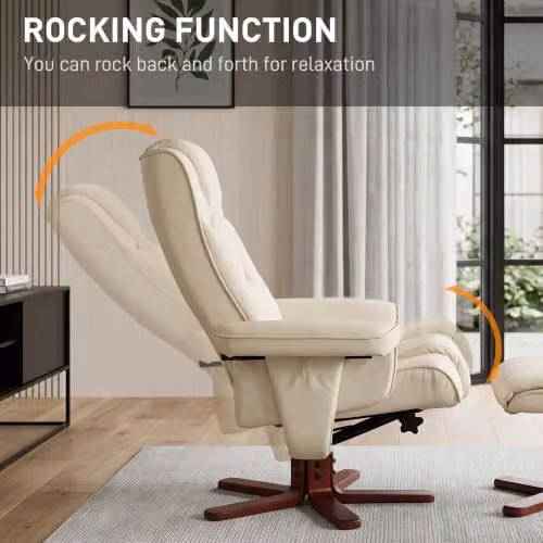 HOMCOM Reclining Armchair with Ottoman, Beige Synthetic Leather and Solid Wood Frame – 4
