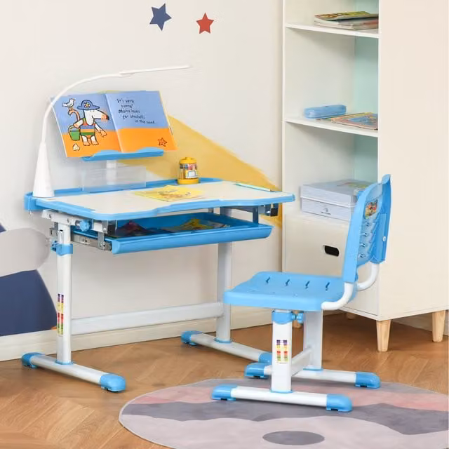 HOMCOM Kids Study Desk and Chair Set with USB Lamp in Blue, Height Adjustable