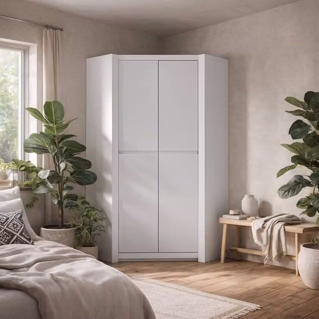 Wyld Haus Vienna 2 Door Corner Wardrobe in White Glossy Finish, H 198.5 cm x W 103.3 cm x D 66 cm – 1