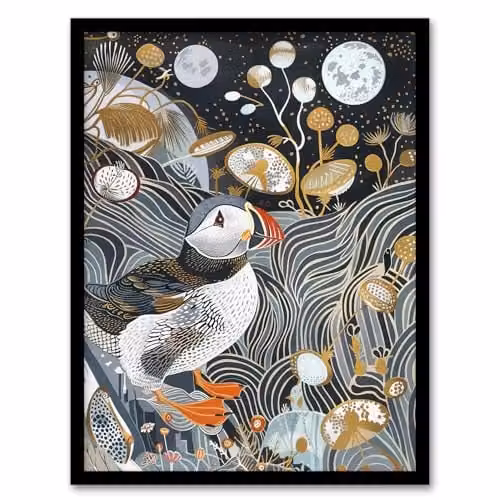 Artery8 Stylised Puffin Full Moon Flower Field Abstract Framed Wall Art Print, Multicolour, W: 21.0 cm, H: 29.7 cm