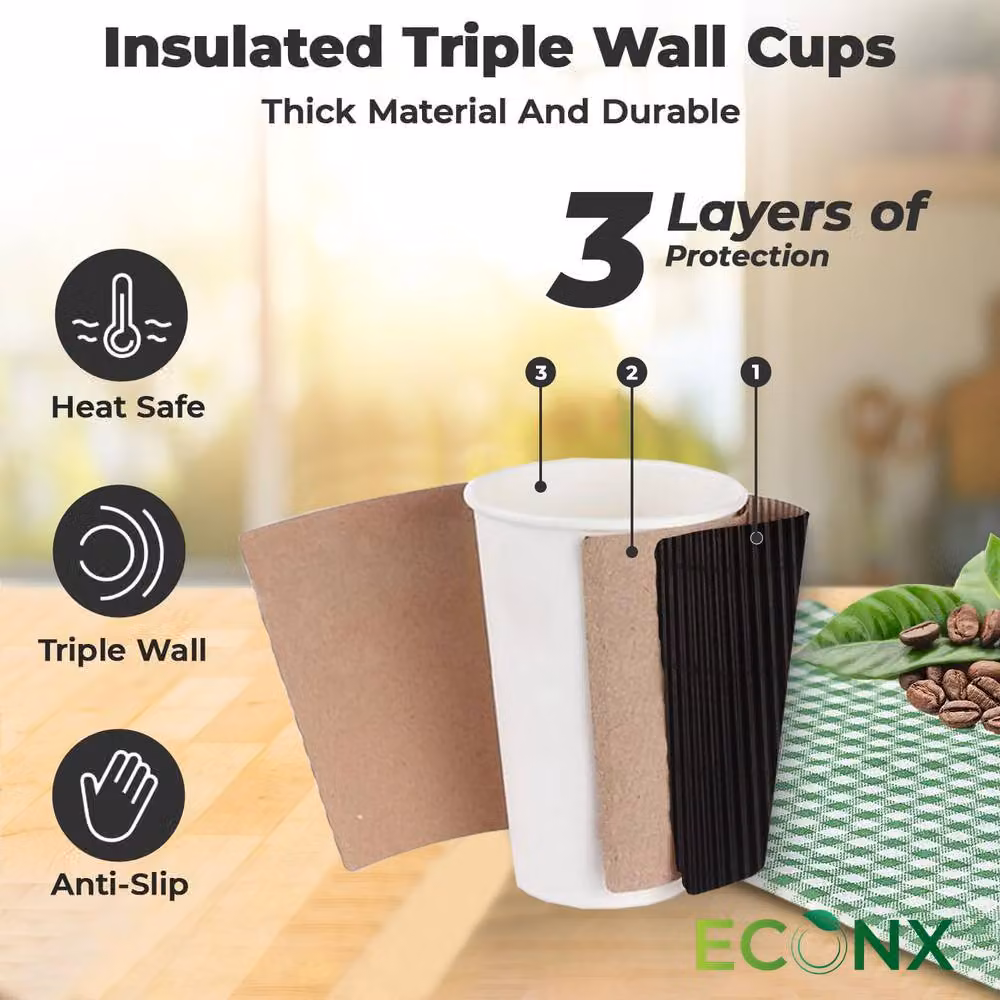 ECONX Black Triple Layer Paper Takeaway Coffee Cups with Lids, 500 Pieces – 3