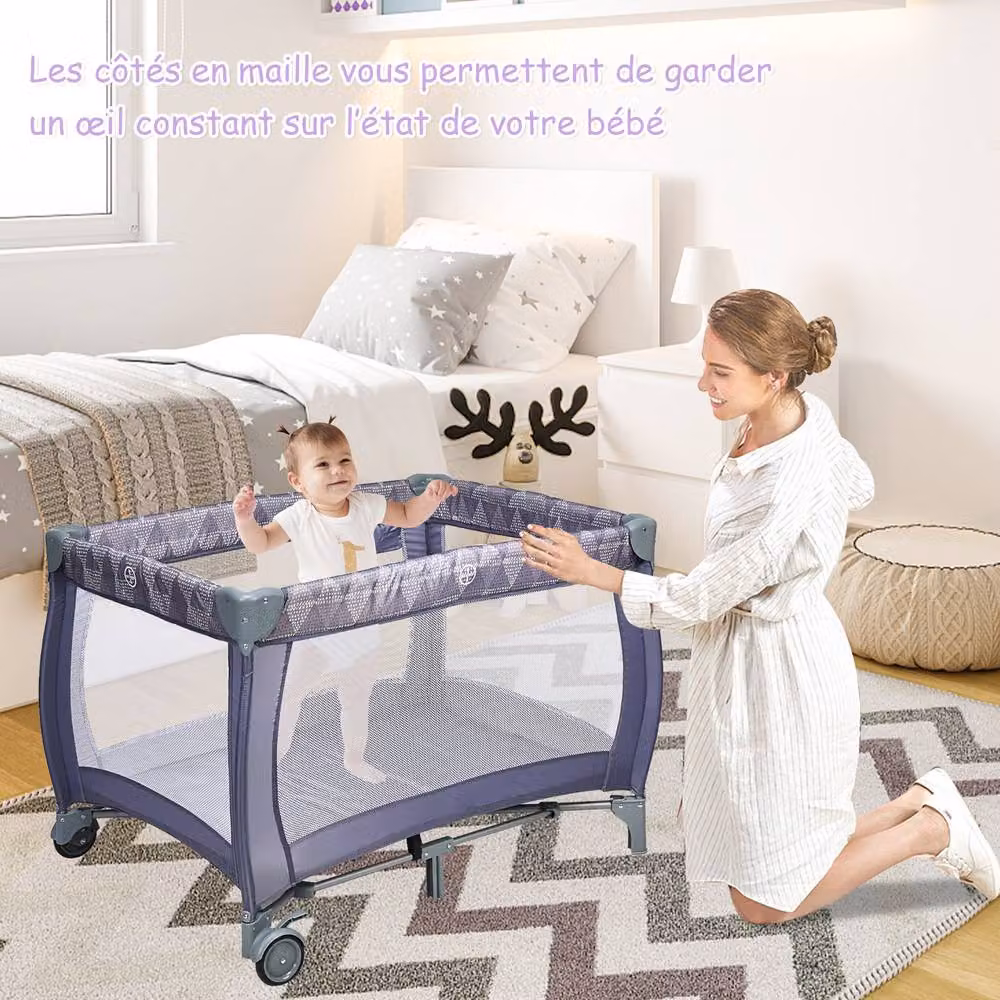 Costway 3 in 1 Foldable Travel Cot, Baby Crib and Playard with Bassinet in Grey – 4