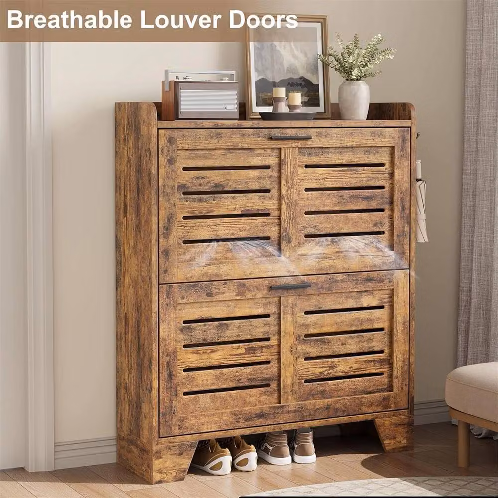 VOGREX Narrow Brown Wooden Shoe Cabinet with Tilting Compartments and Hinged Doors – 4